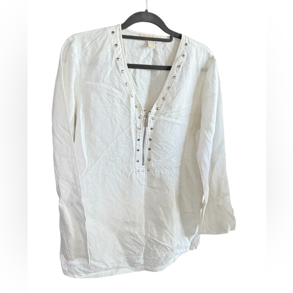 Pre- Owned Michael Kors White V-Neck Tunic Linen Top